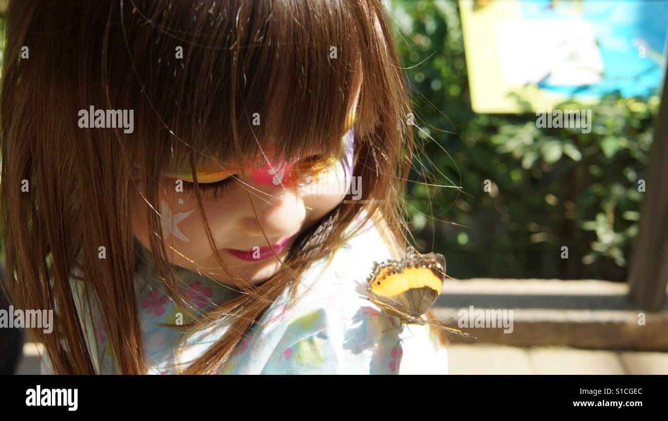 Butterfly lands on girl Stock Photo