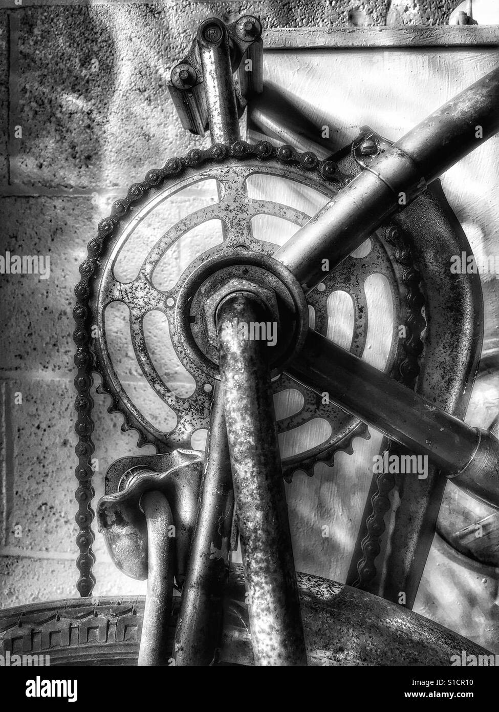 Old bicycle hanging on wall - Smartphone Captured Stock Image