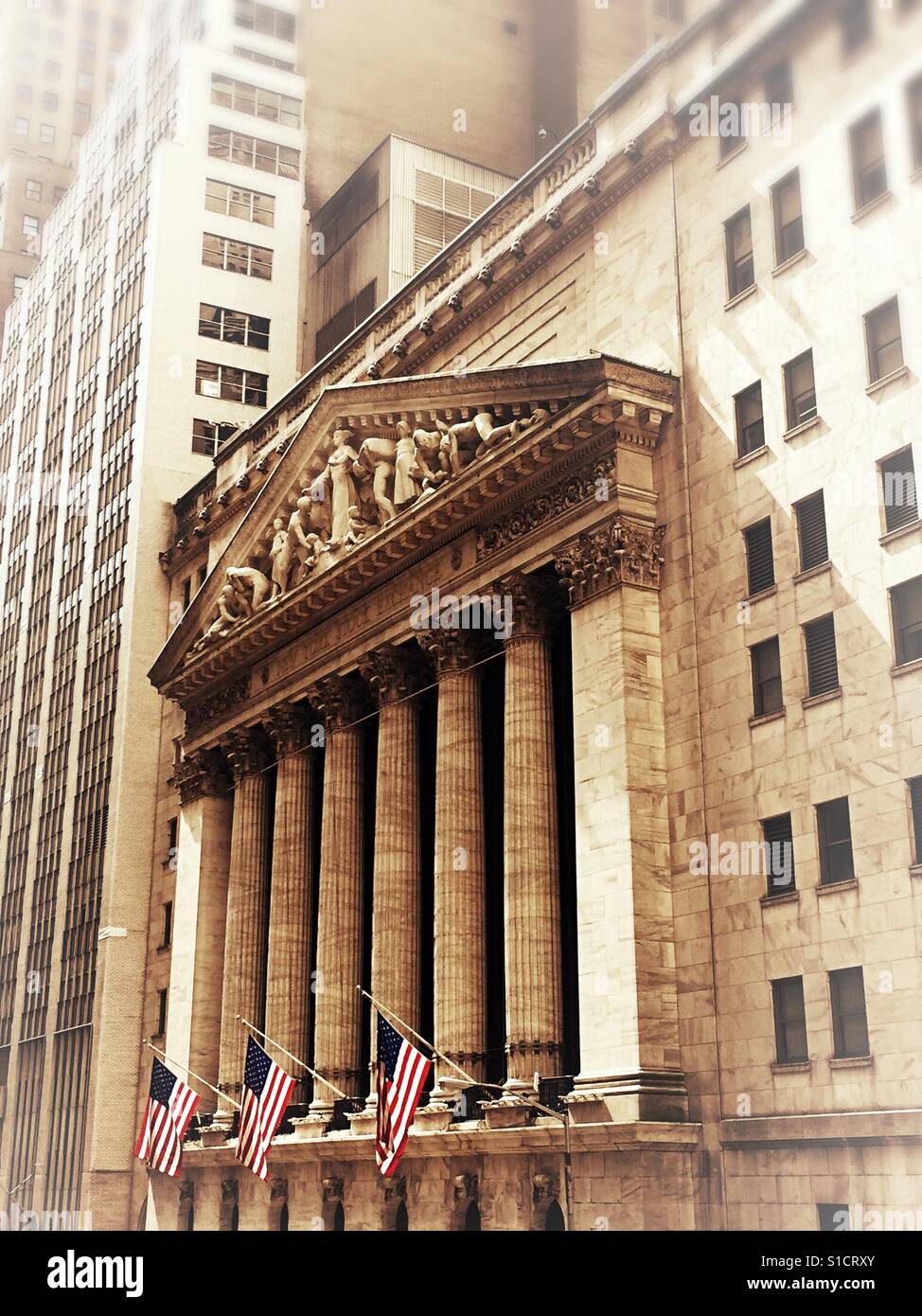 Front of the New York Stock Exchange building, financial district, NYC, USA - Smartphone Captured Stock Image