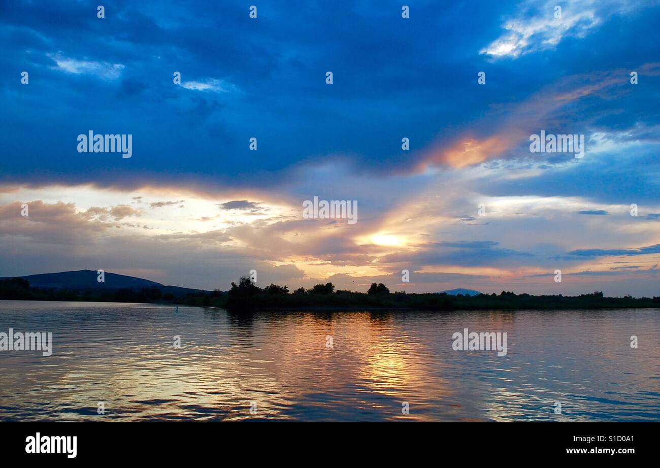 Hot August Sunset! Taken while boating on the Columbia River near Richland, Washington. Stock Photo