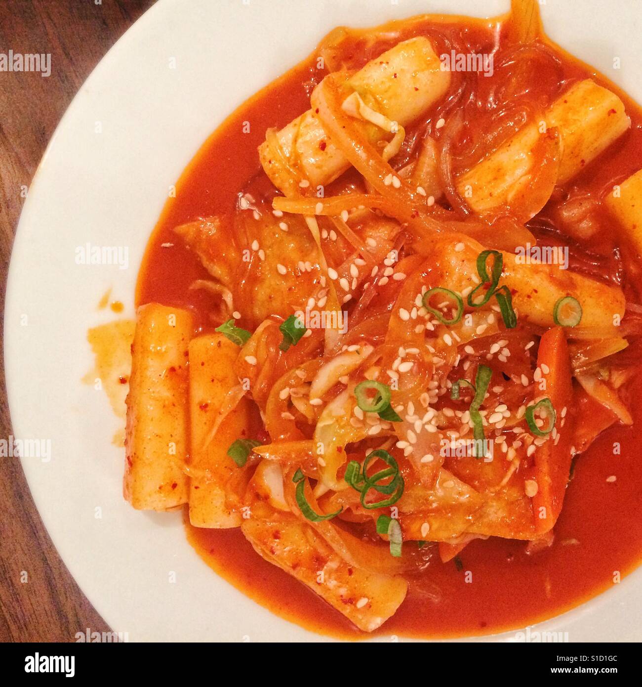 A plate of Korean spicy rice cakes Tteok-bokki - Smartphone Captured Stock Image