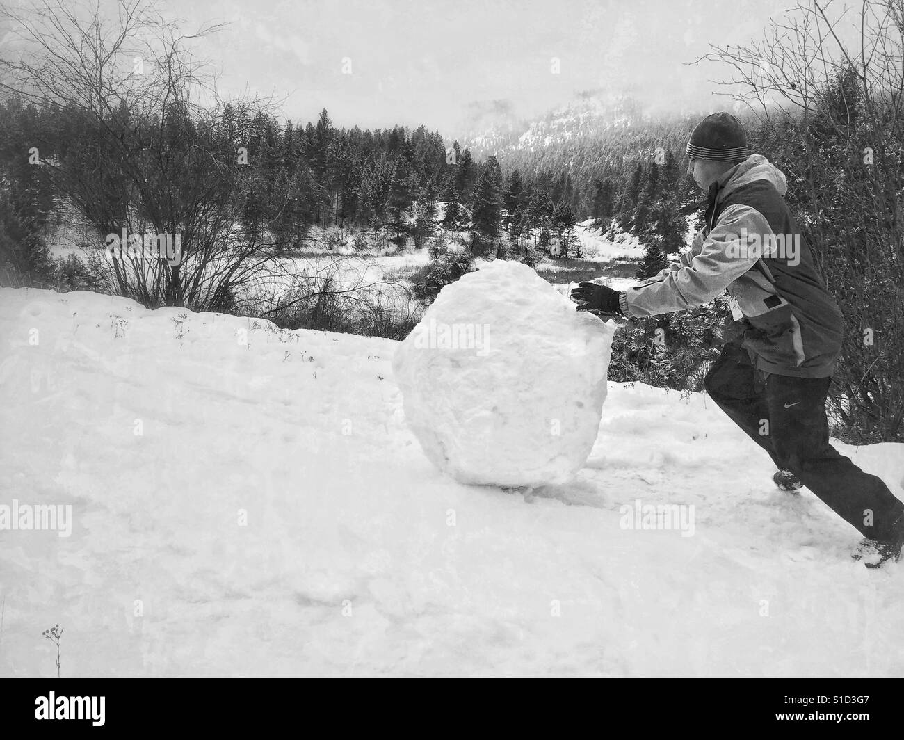 Young man pushing a large snow ball uphill on a snowy winter day. In black and white. Room for copy. - Smartphone Captured Stock Image