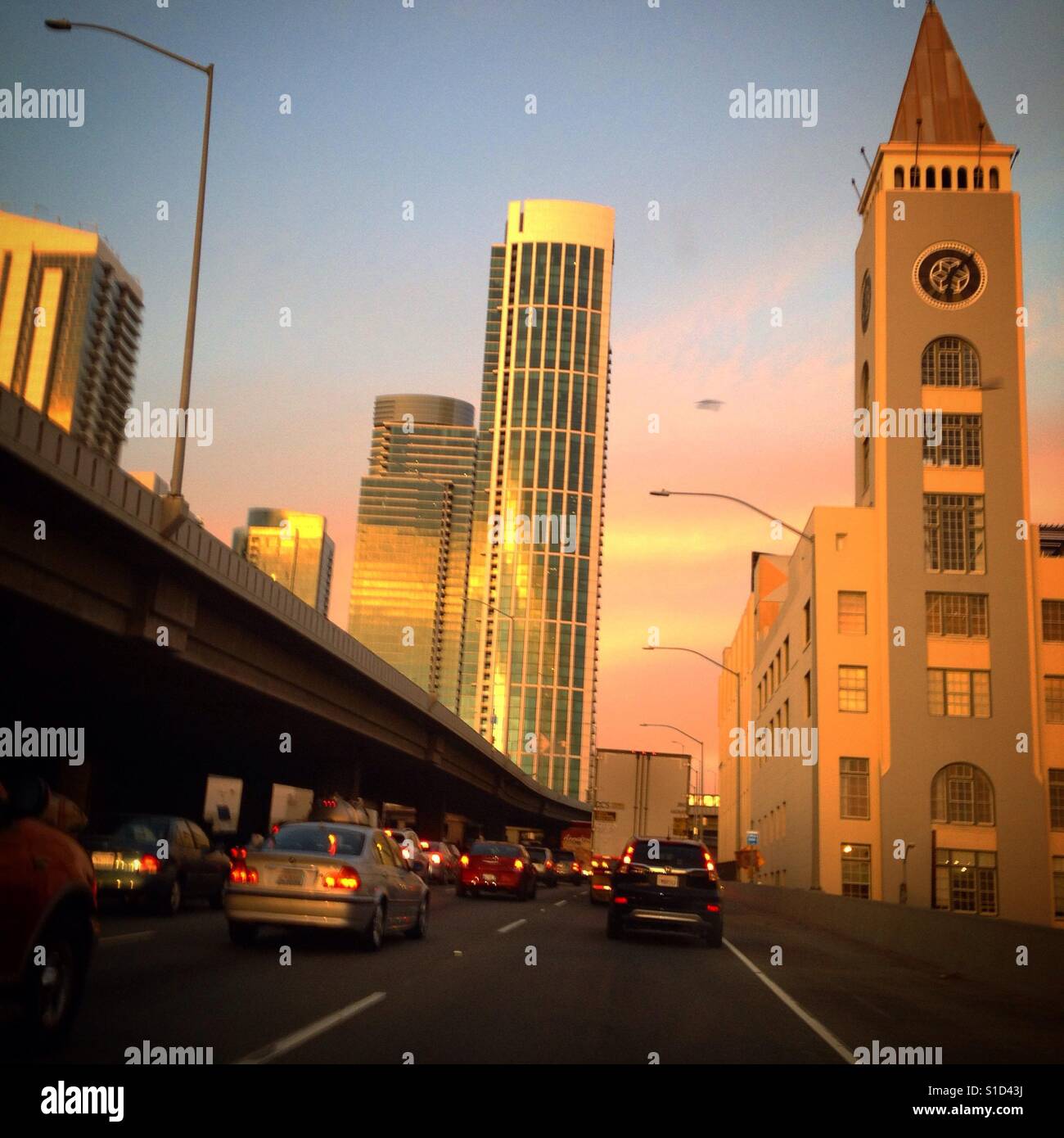 The 80 freeway going through the South of Market (SoMa) neighborhood of San Francisco entering onto the Bay Bridge. - Smartphone Captured Stock Image