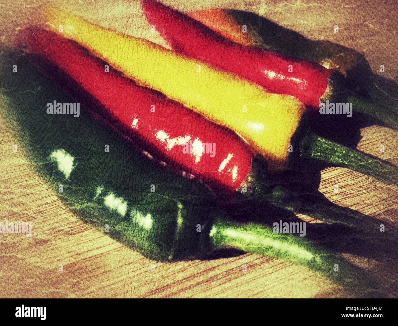 Green, yellow, Orange and red hot chilli peppers - Smartphone Captured Stock Image