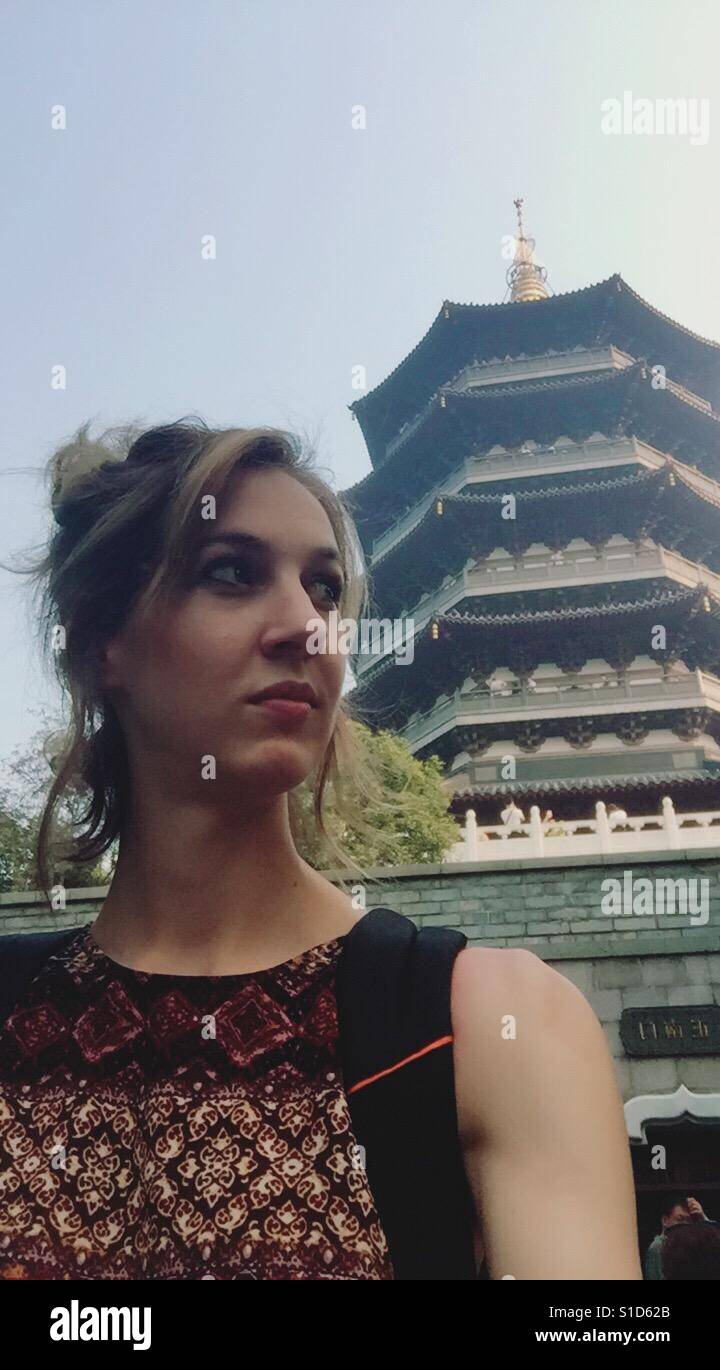 Finally took a trip to climb to the top of the Leifeng Pagoda in Hangzhou, China. Its really beautiful and I was blessed with good weather. I was a little disappointed that the inside was so modern Stock Photo