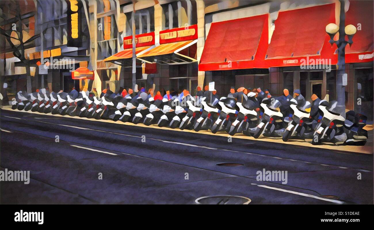 Abstract police motorcycles lined up - Smartphone Captured Stock Image