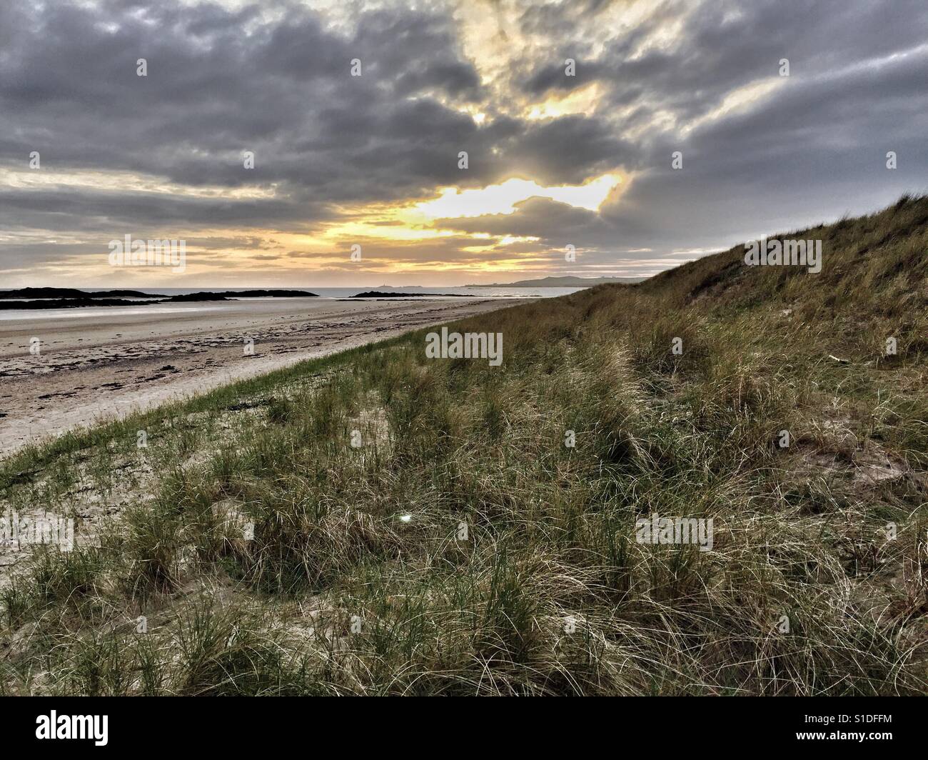 Dramatic sky as dusk descends over Cymyran beach, Rhosneigr, Anglesey, North Wales - Smartphone Captured Stock Image
