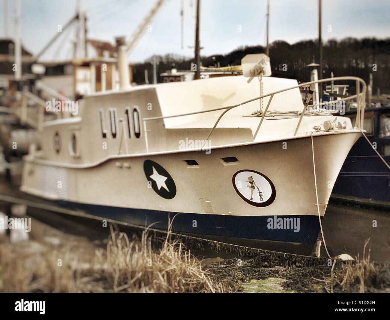 Motorboat mocked up as a World War Two naval boat. - Smartphone Captured Stock Image