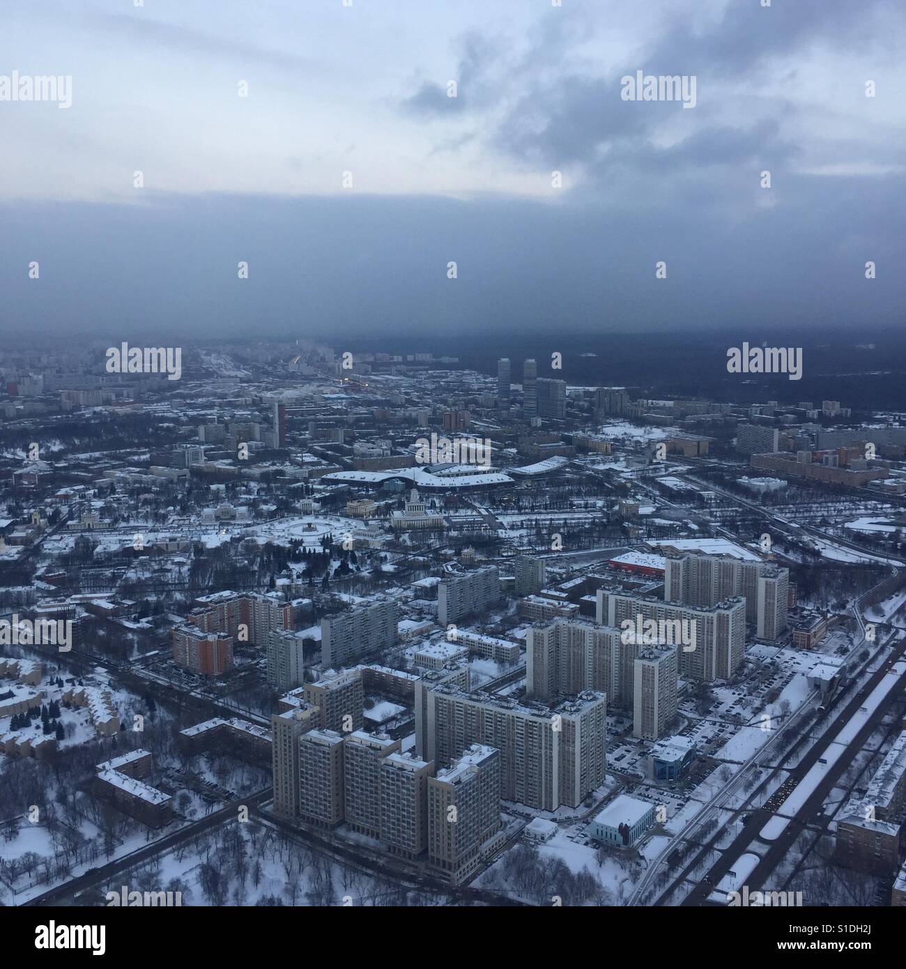 Aerial view on part of Moscow city at the winter with cloudy and some foggy weather condition - Smartphone Captured Stock Image
