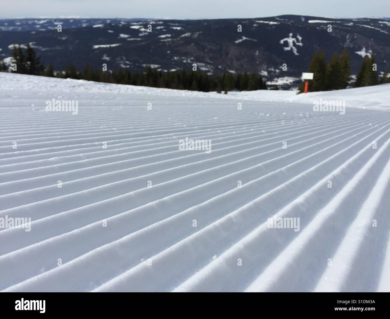 Freshly groomed slope, Lillehammer, Norway Stock Photo