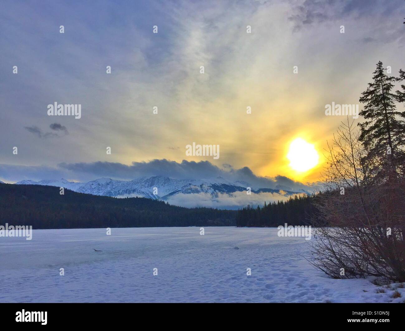 Sunrise on Pyramid Lake, Jasper National Park. Alberta, Canada - Smartphone Captured Stock Image