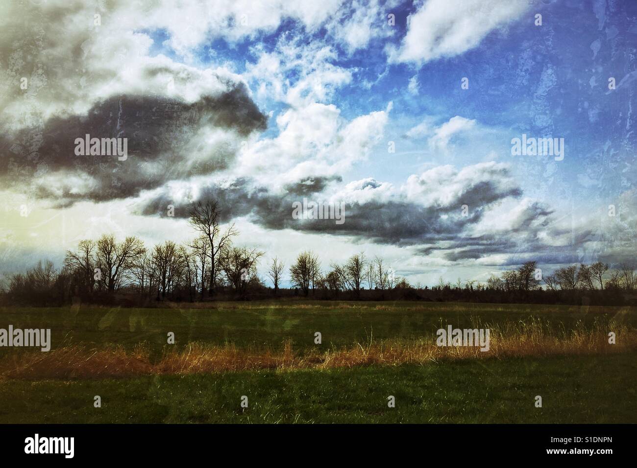 Landscape of a serene countryside under cloudy blue sky. Aged edit. - Smartphone Captured Stock Image