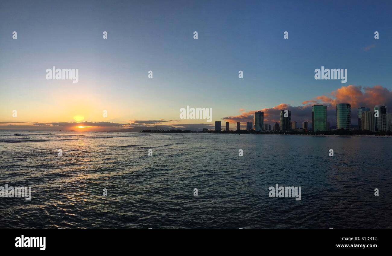 Sunset at ala moana beach, Hawaii - Smartphone Captured Stock Image