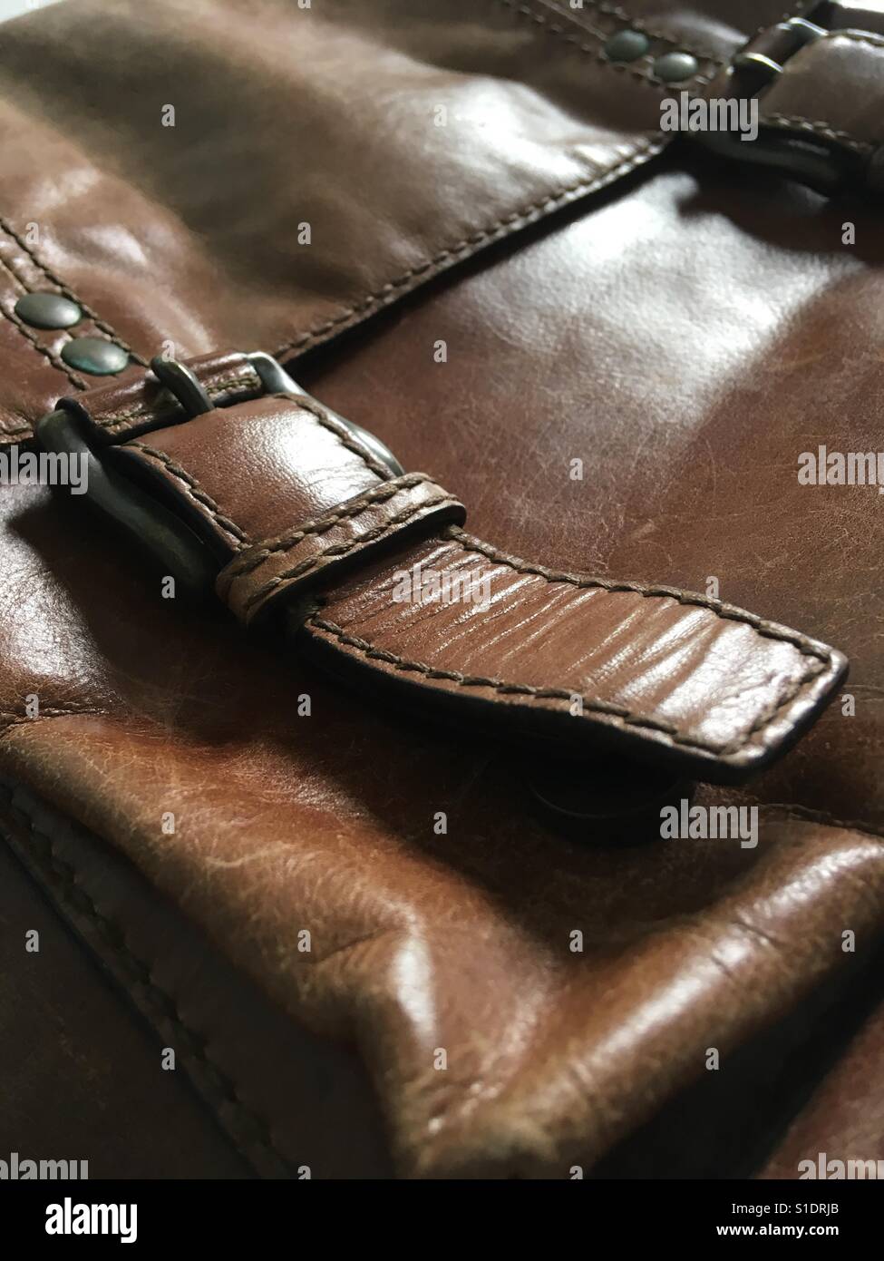 Close up of leather messenger bag. Stock Photo