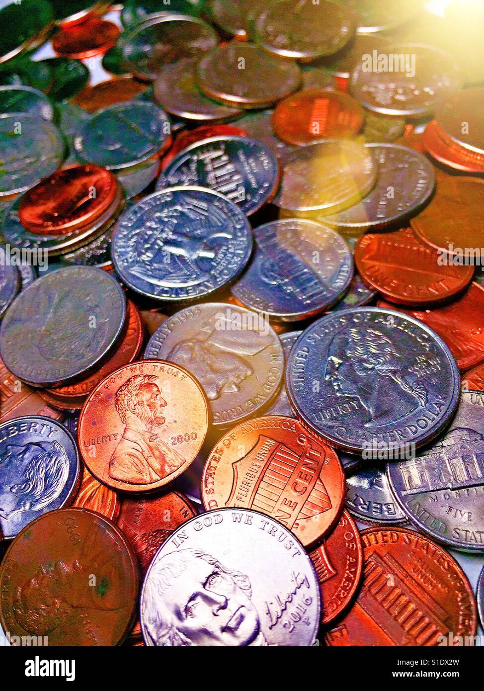 Close-up still life of US coins, USA - Smartphone Captured Stock Image