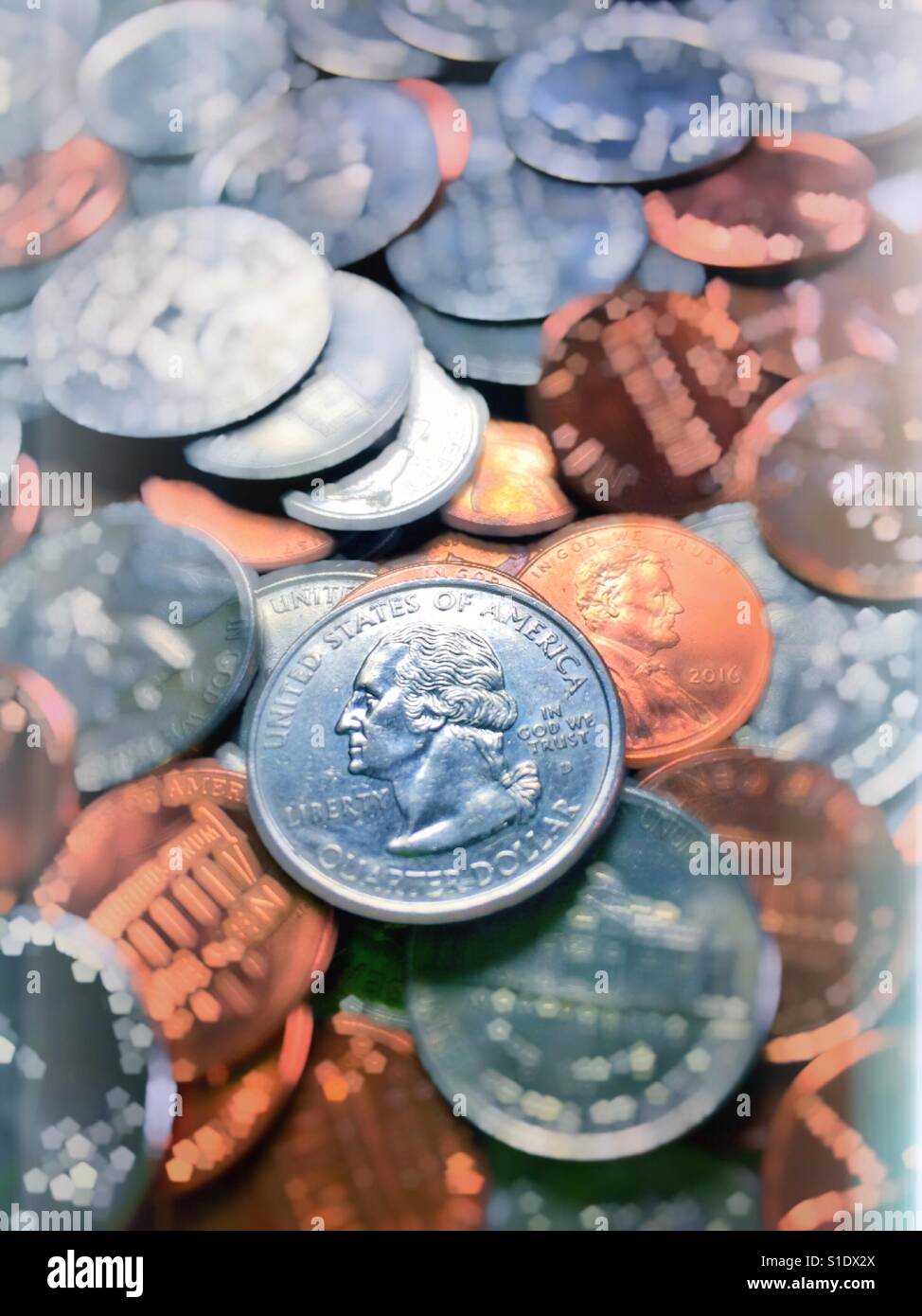 Close up of US coins, USA - Smartphone Captured Stock Image