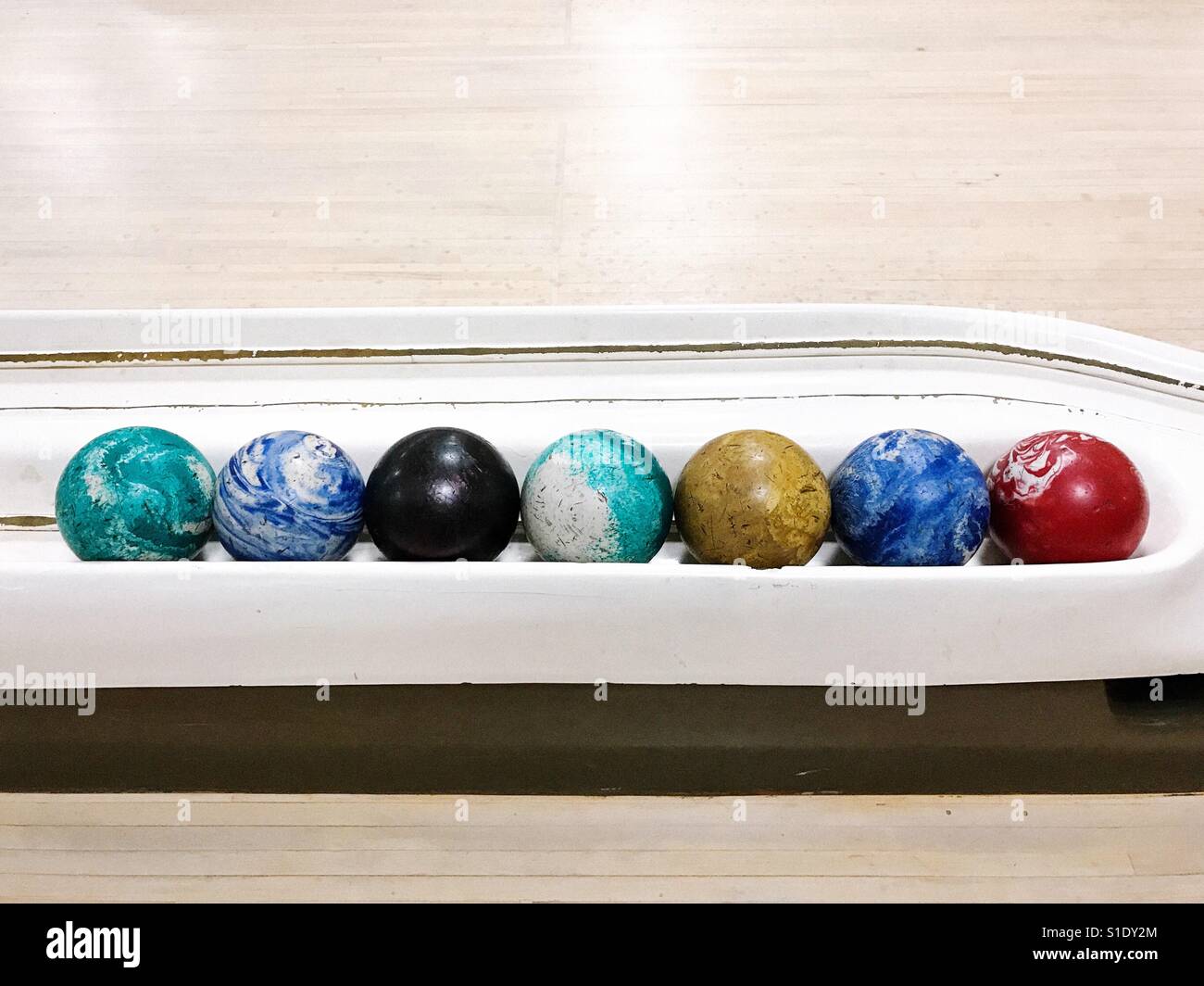 Multicoloured duckpin bowling balls Stock Photo Alamy