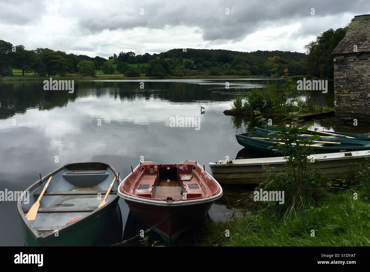 Boats on Tranquil Esthwaite Water Stock Photo