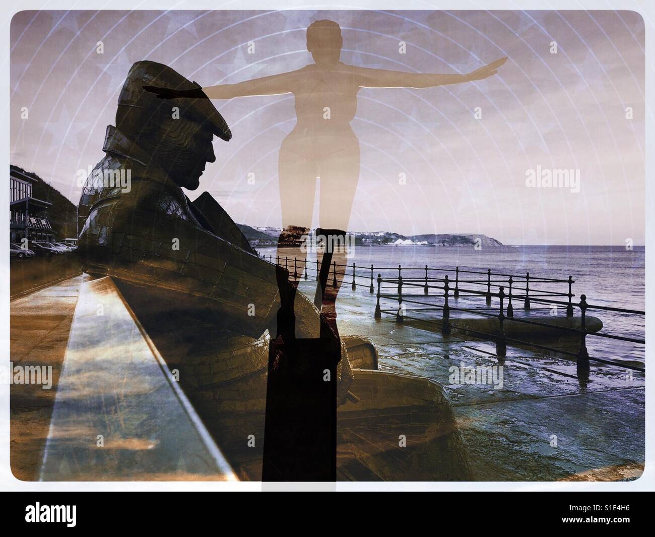 Two Scarborough sculptures in double exposure  -  Freddie Gilroy, Diving Belle - Smartphone Captured Stock Image