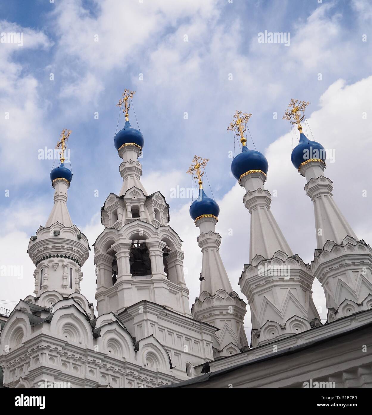 Beautiful blue onion domes in Moscow, Russia - this church is featured in a number of Instagram photos Stock Photo