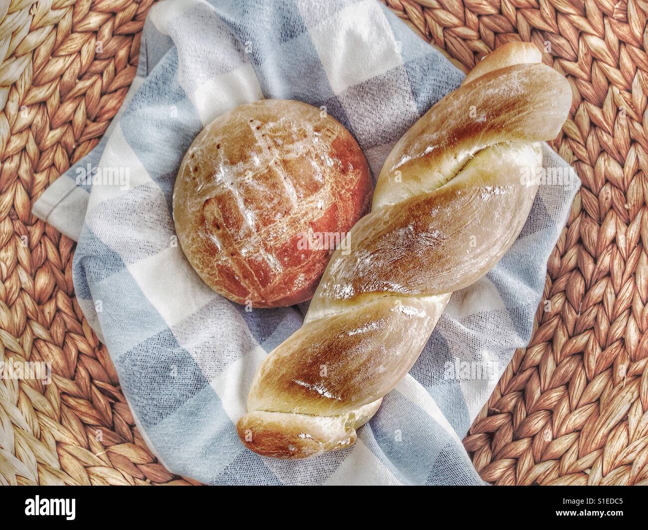 Artisan bread in basket farmers kitchen hires stock photography and