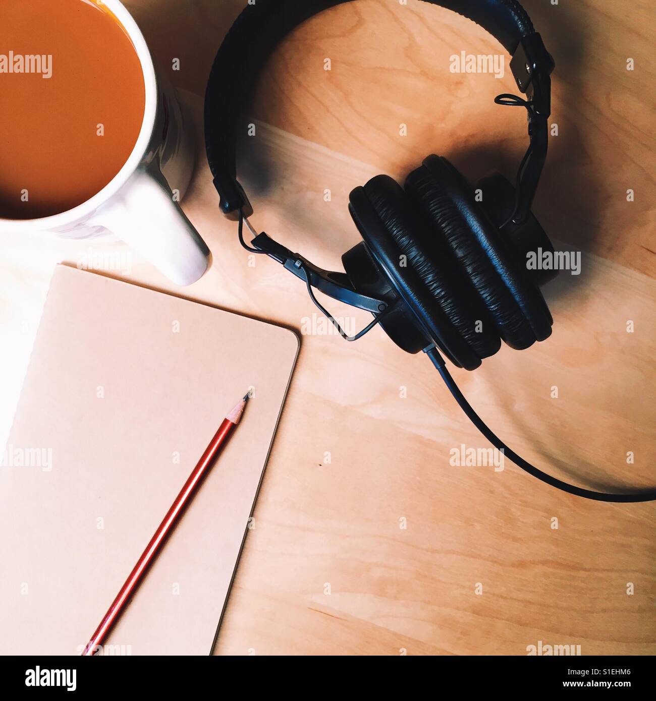 An overhead shot of a workspace. Stock Photo