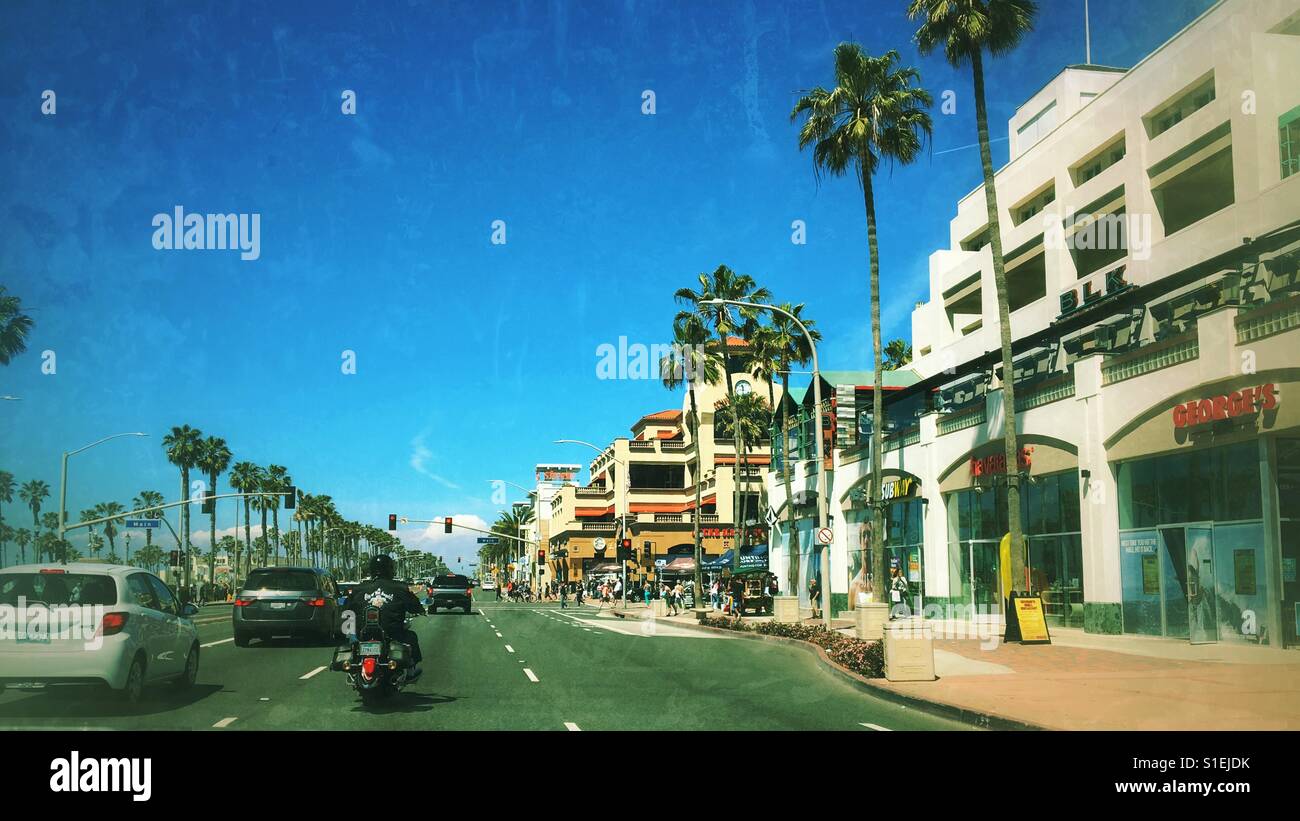 Pacific Coast Highway through Santa Monica, California on a sunny blue sky Spring day. Stock Photo
