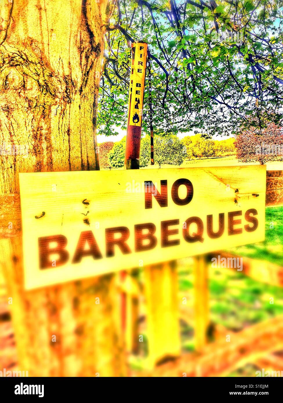 No barbecues sign and Fire bell Stock Photo