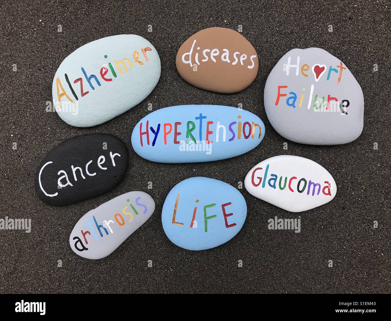 Cloud of diseases names carved and painted on stones over black volcanic sand - Smartphone Captured Stock Image