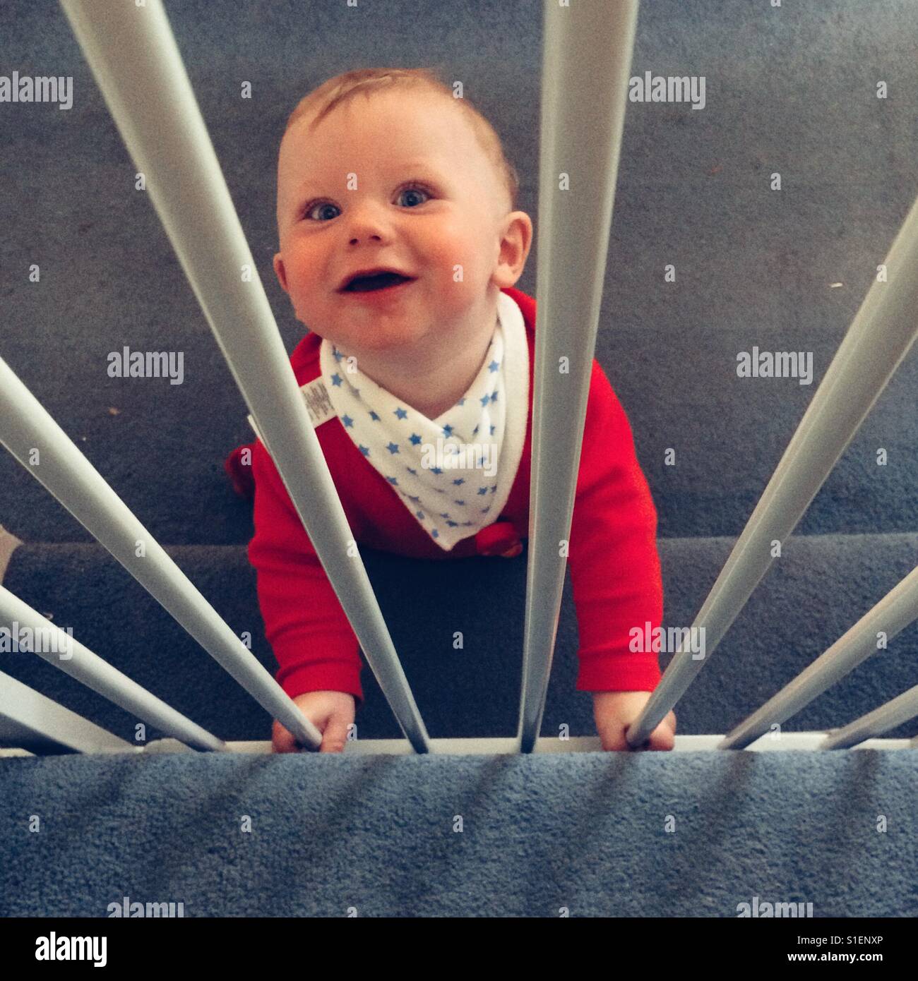 Eight month old baby boy behind stair gates. - Smartphone Captured Stock Image