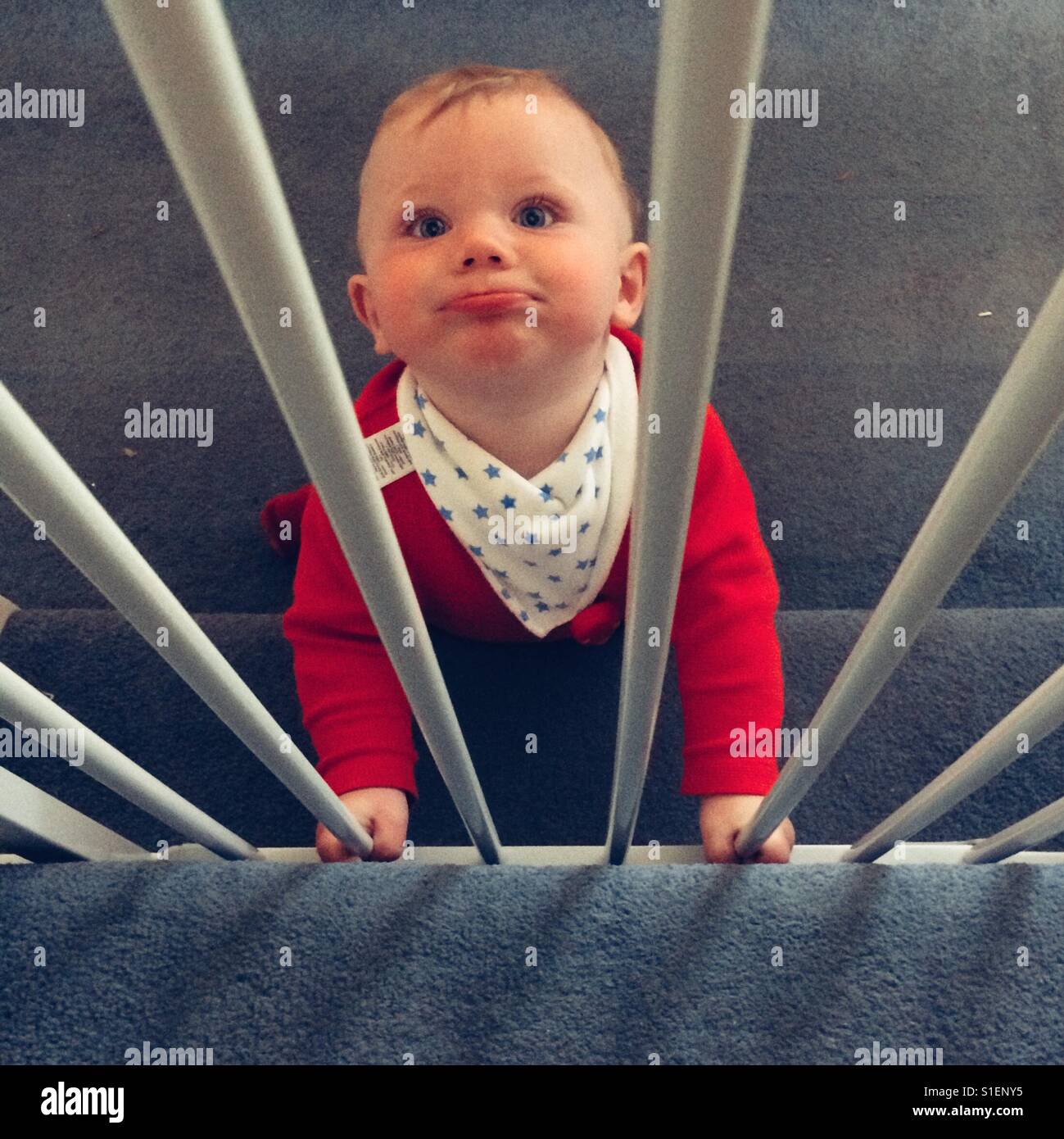 Eight month old baby boy behind a stair safety gate. - Smartphone Captured Stock Image