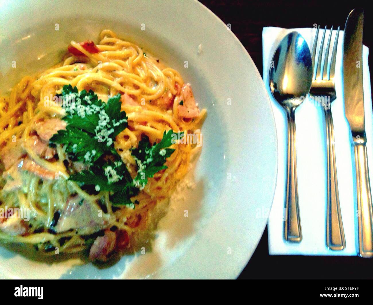 Spaghetti Carbonara - Smartphone Captured Stock Image