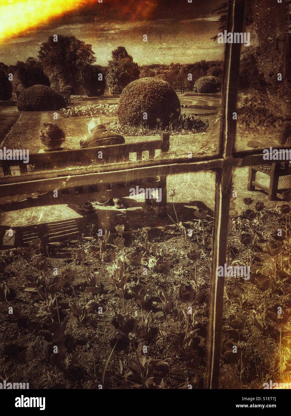 Man and woman seen through window sitting in park - Smartphone Captured Stock Image