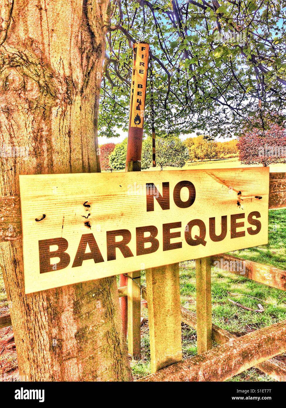 No barbecues sign and fire bell Stock Photo