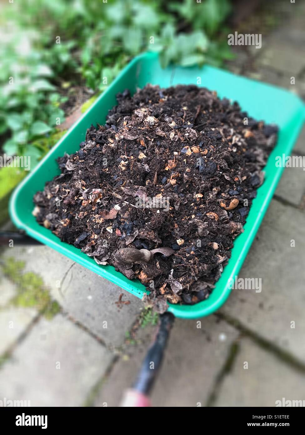Homemade compost to enrich garden soil and soul through recycling household waste. Stock Photo