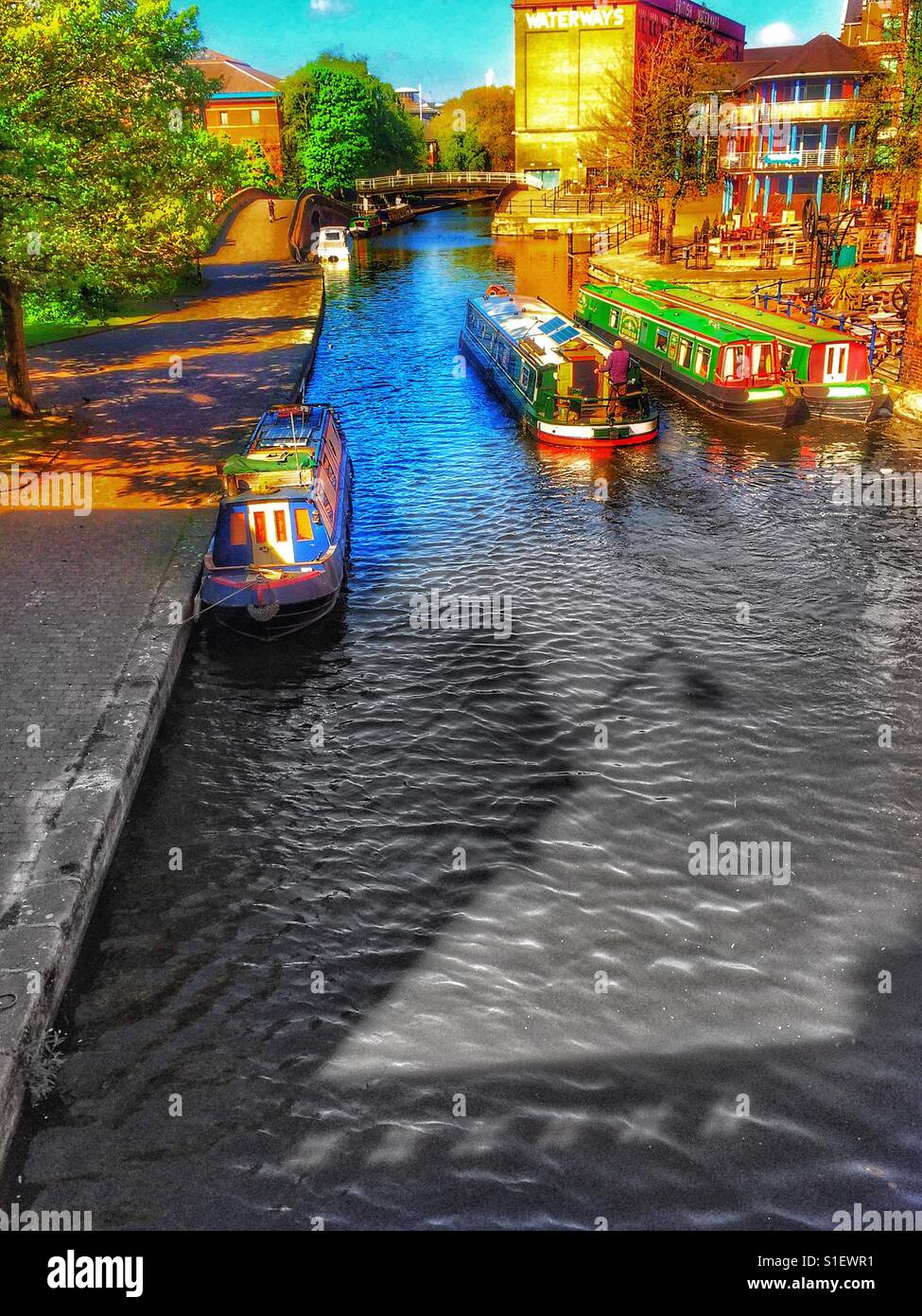 Narrowboat on canal, Nottingham, Nottinghamshire, East Midlands, England - Smartphone Captured Stock Image