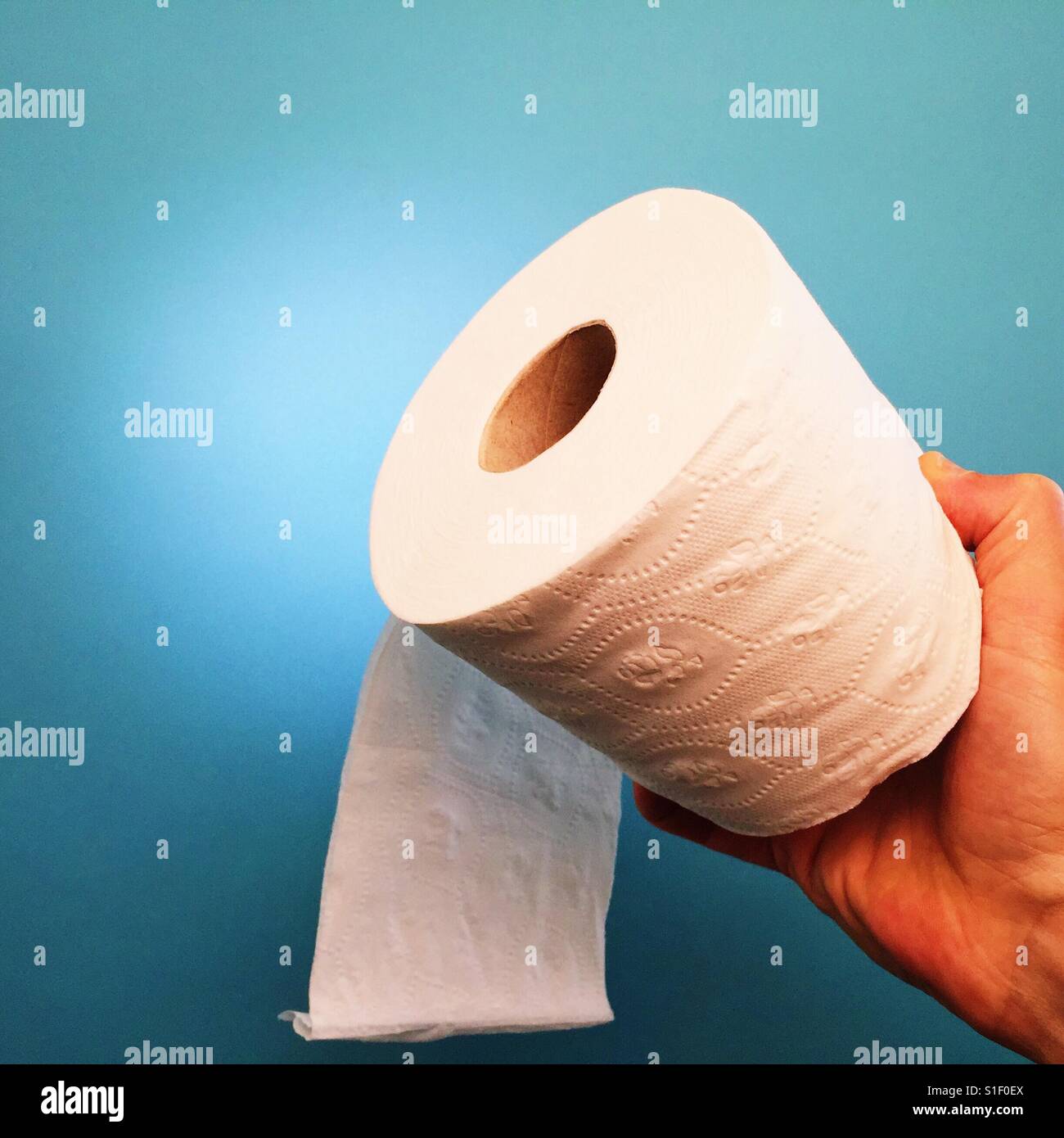 Man's hand holding a roll of toilet paper Stock Photo
