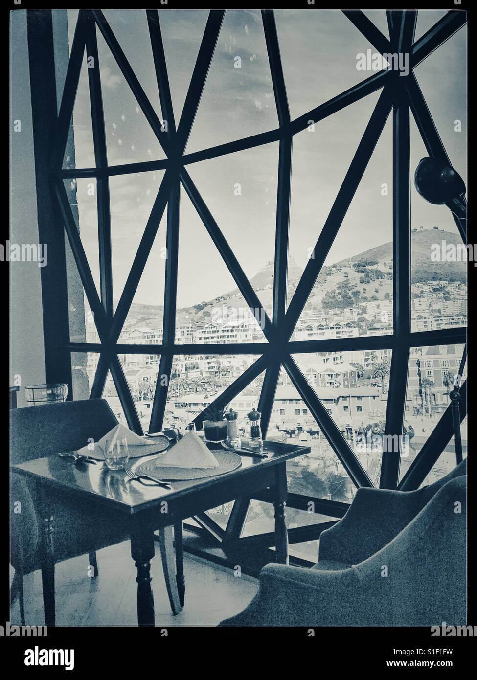 Window seat at Granary Restaurant at the Silo Hotel, Waterfront, Cape Town. - Smartphone Captured Stock Image