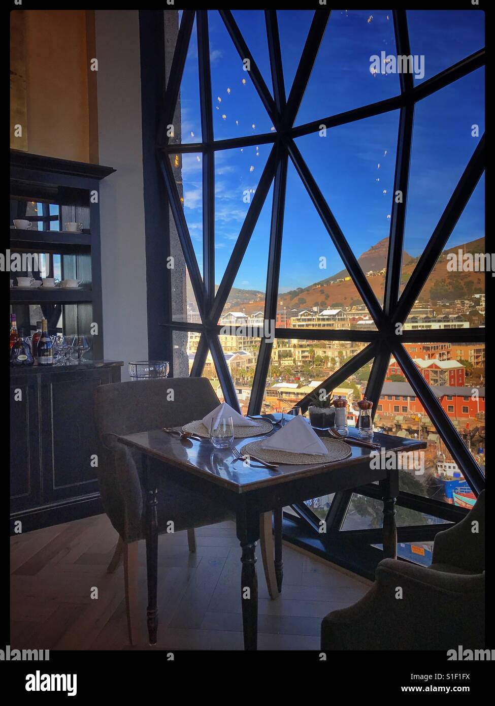 Window seat at Granary Restaurant at the Silo Hotel, Waterfront, Cape Town. - Smartphone Captured Stock Image