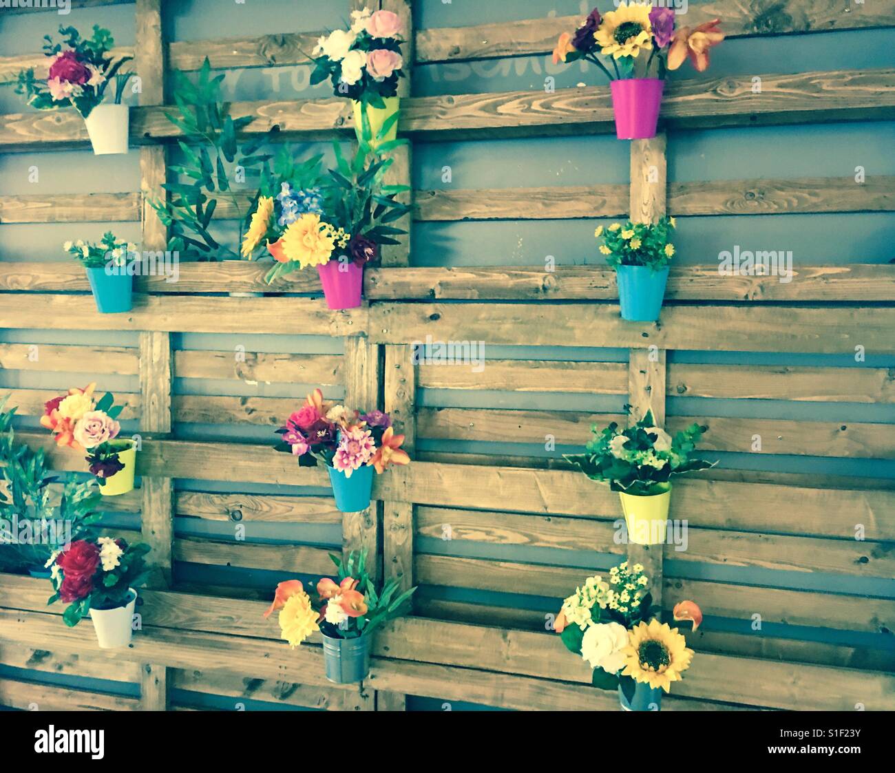 Flower pots on wooden planks background - Smartphone Captured Stock Image