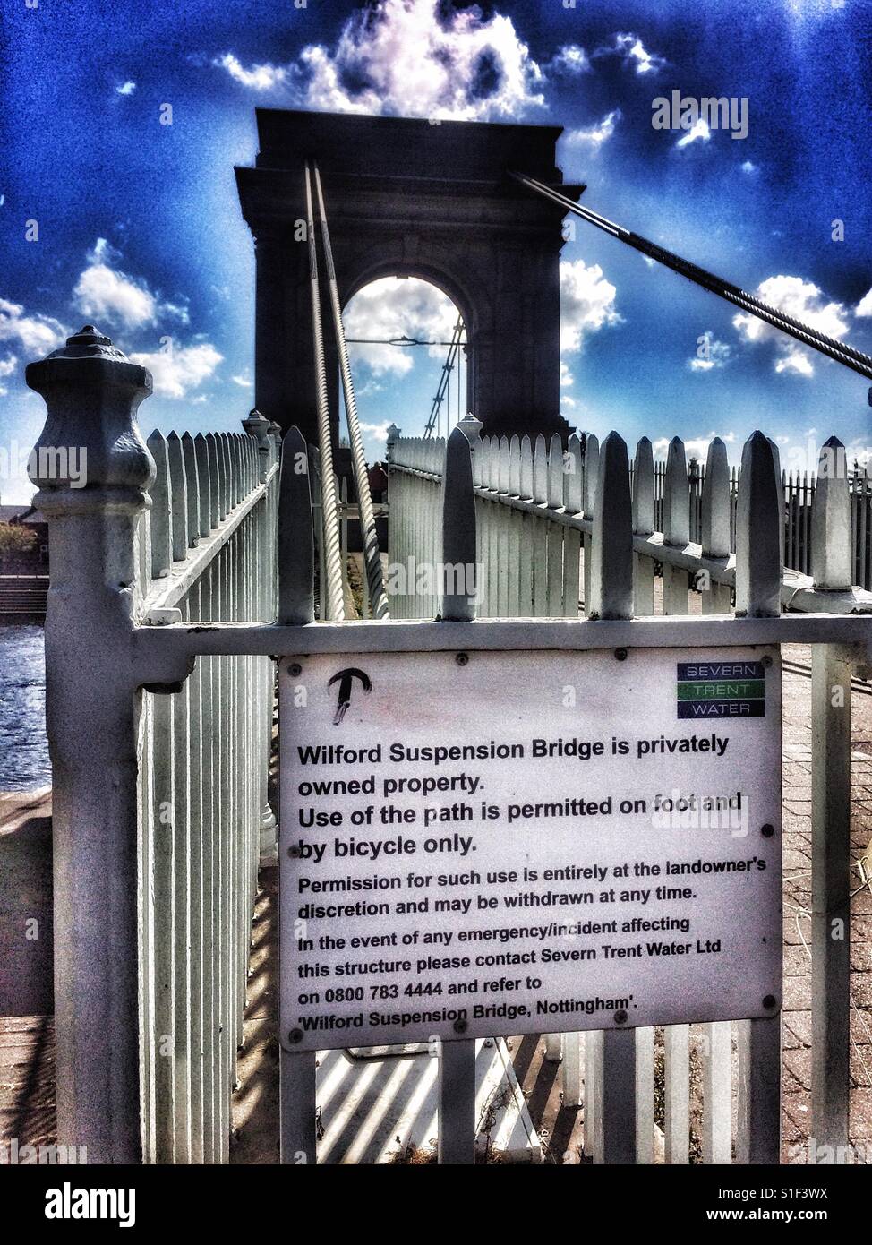 Grade 2 listed (1906) Wilford suspension bridge, Nottingham, Nottinghamshire, East Midlands, England - Smartphone Captured Stock Image