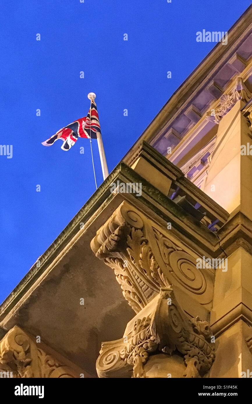 Union Jack flag flying on Batley Town Hall Stock Photo