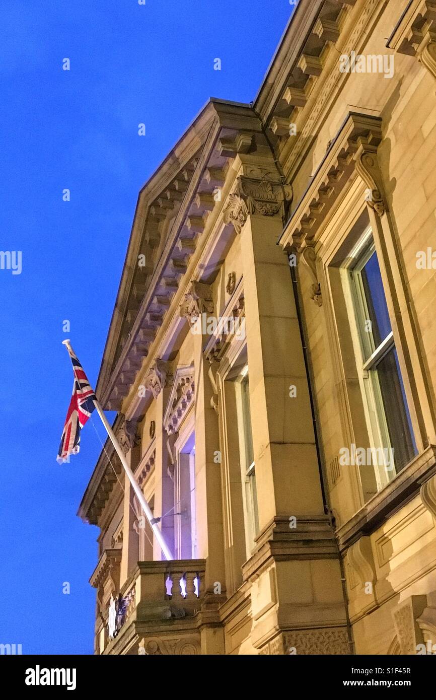 Union Jack flag flying on Batley Town Hall Stock Photo