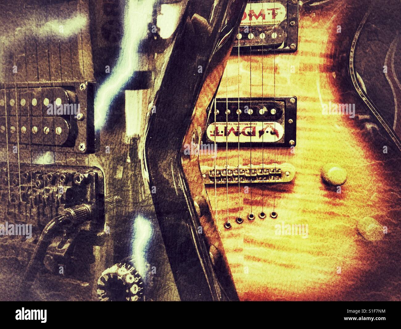 Electric guitars on display in a music shop - Smartphone Captured Stock Image