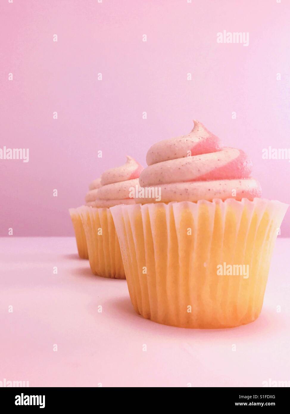 Cupcakes with swirly frosting. Pink background. Space for copy. Stock Photo