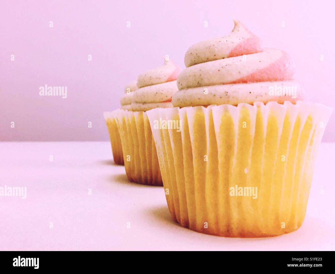 Cupcakes in a row on a pink background. Room for copy. Stock Photo