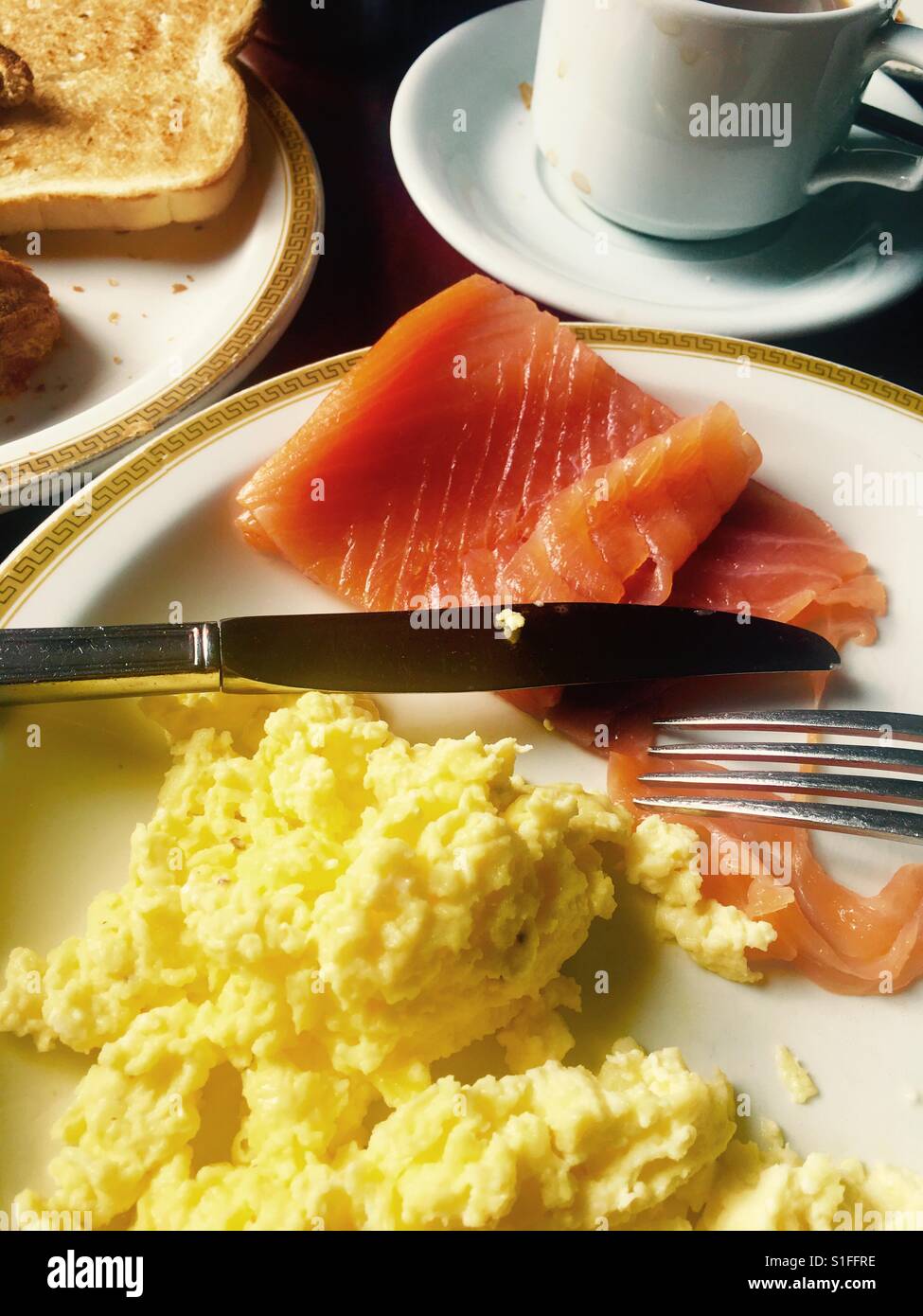 Smoked salmon and scrambled eggs breakfast - Smartphone Captured Stock Image