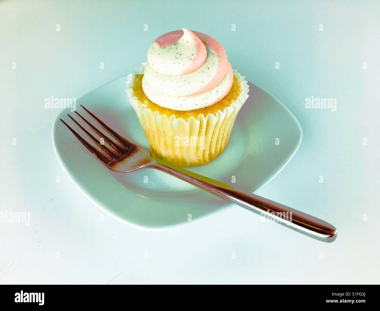 Cupcake on a plate with fork. Room for copy. Stock Photo