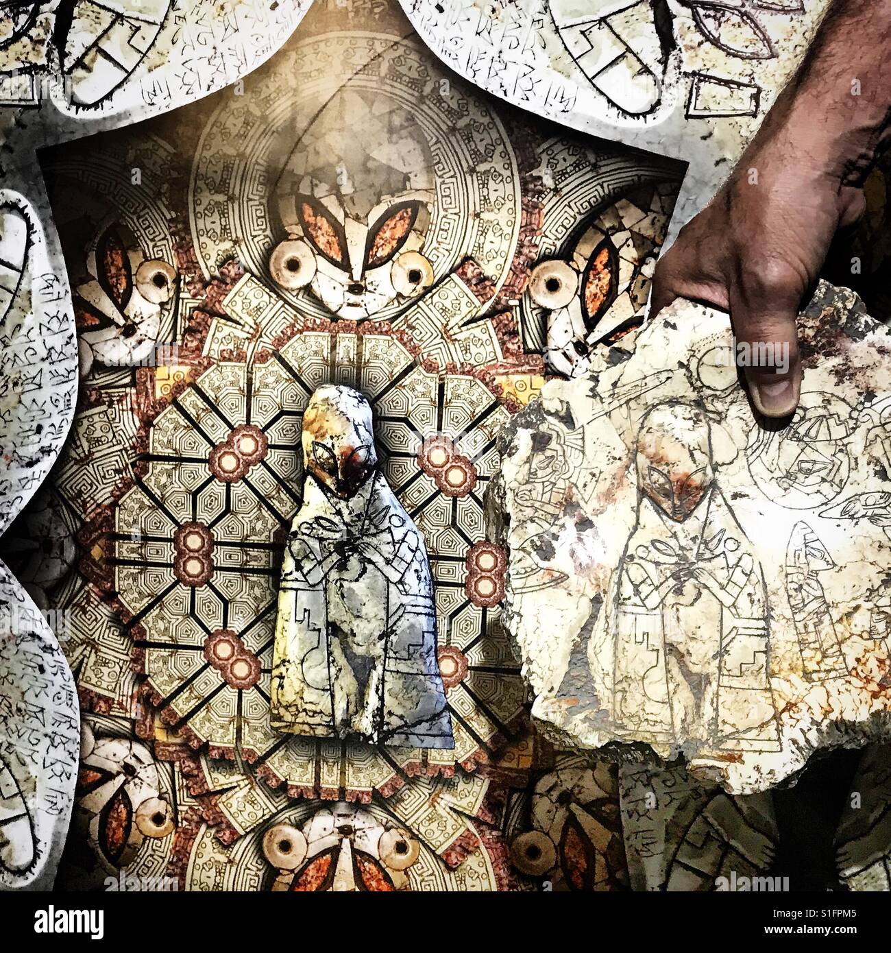 Art piece from Alfonso Ricart Velazquez´s collection. Ricart calls his art Esogetic Metagalactic Art from Unknown Origin. Ricart is founder of Educacion Universal Bernal A.C, Foundation in Mexico. - Smartphone Captured Stock Image
