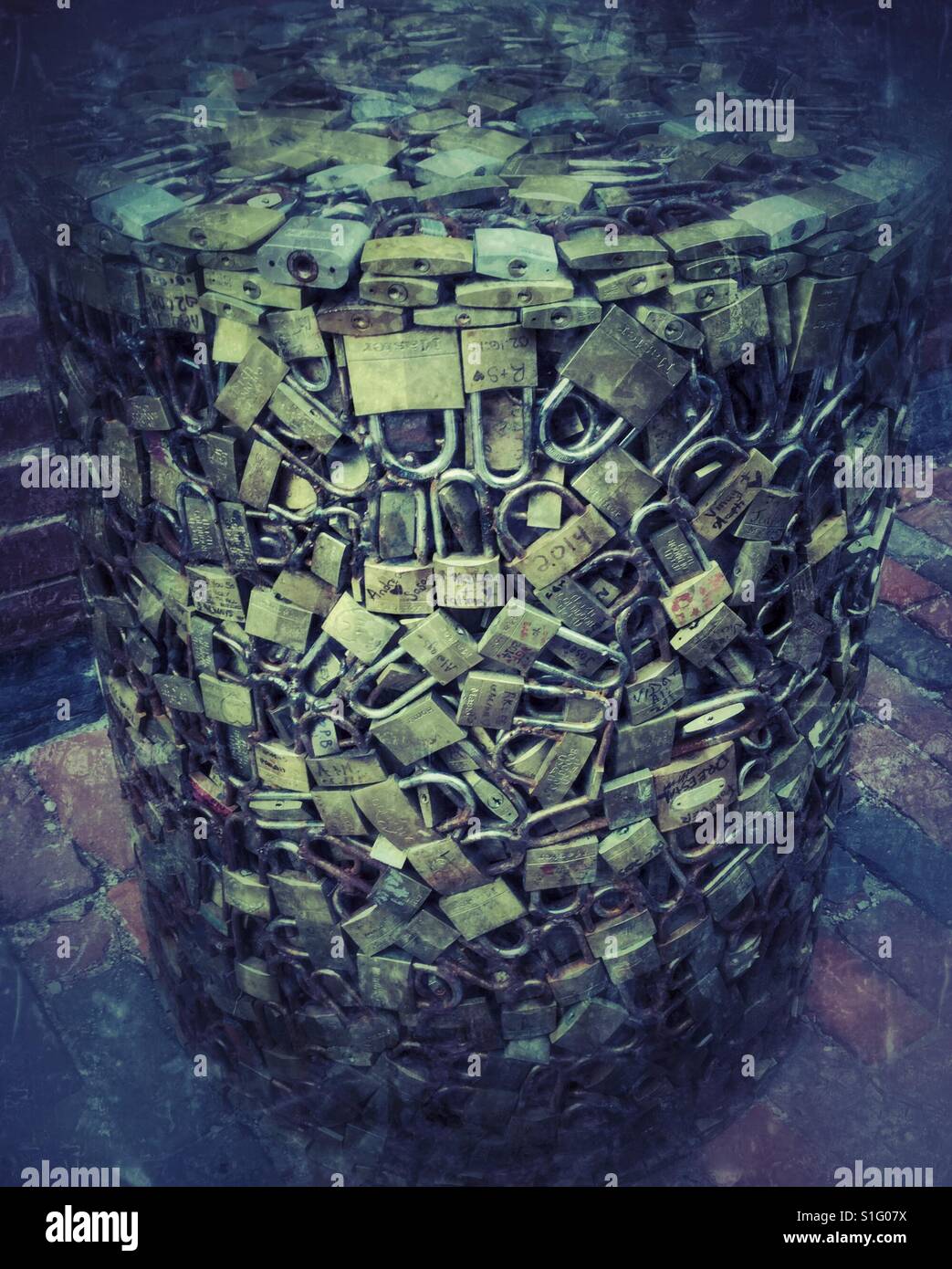 Cylinder of love locks. - Smartphone Captured Stock Image